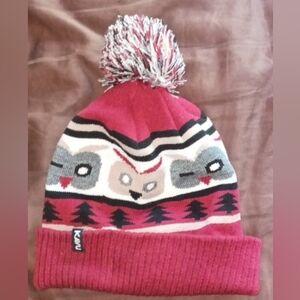 Kavu Pom Pom Beanie - Red White Grey Tan Black w Owls